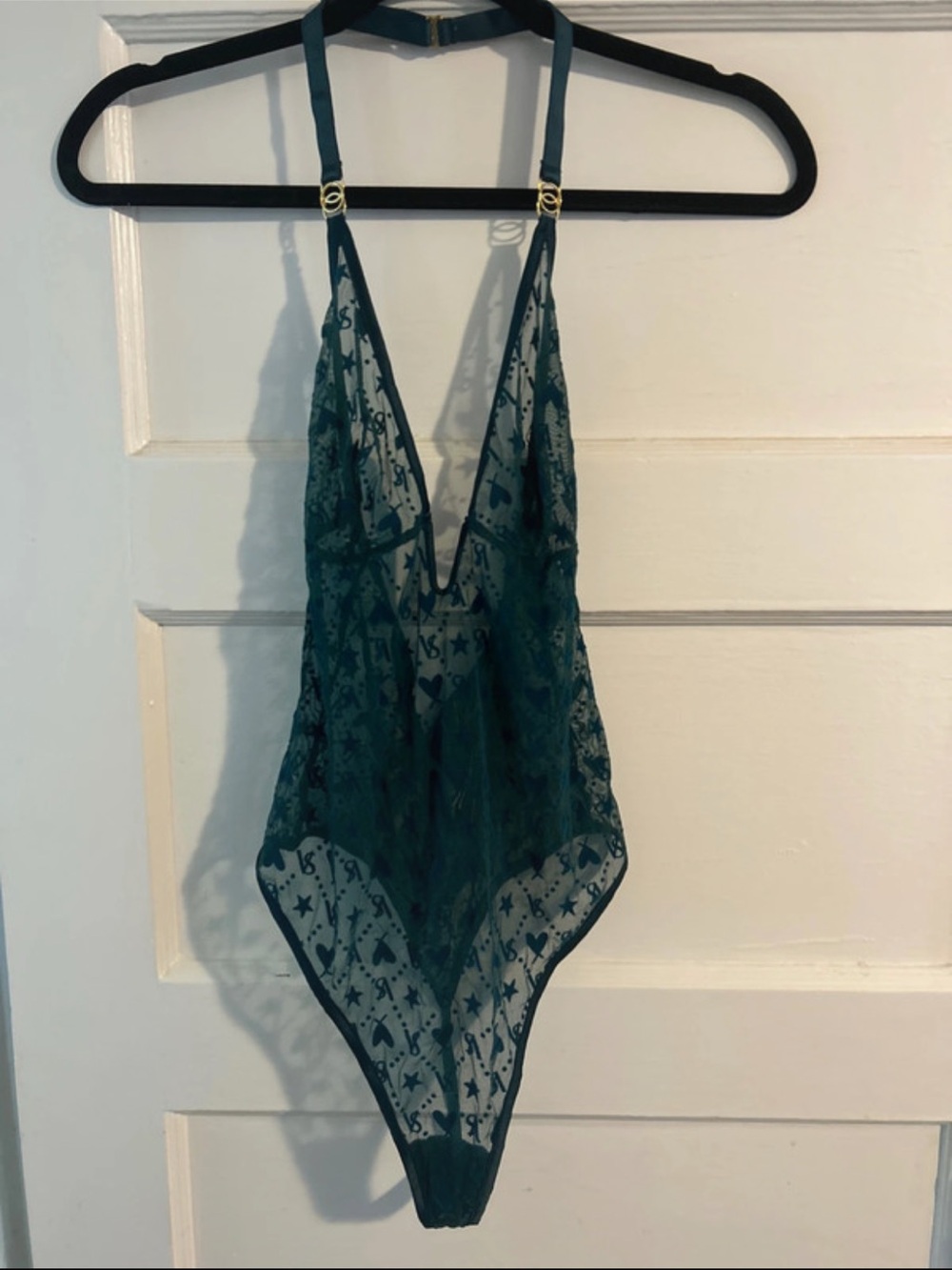 Victoria's Secret Teal Sheer Lace Bodysuit with Star & Heart Motif